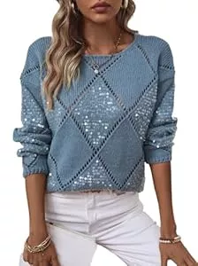 MIATCENRT Pulls et tricots MIATCENRT T-Shirt À Manches Longues pour Femme – Col Rond, Manches Longues, Paillettes Creuses, Diamant Géométrique, Sweat-Shirt Décontracté À La Mode, Haut Tunique Élégant pour Femme