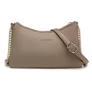 David Jones Sacs et sacs à dos David Jones - Petit Sac Bandoulière Plusieurs Compartiments Femme - Sac à Main Porté Epaule Simili Cuir PU - Pochette Sacoche Chaînes 3 Soufflets Multipoche - Besace Soirée Téléphone - Marron Taupe