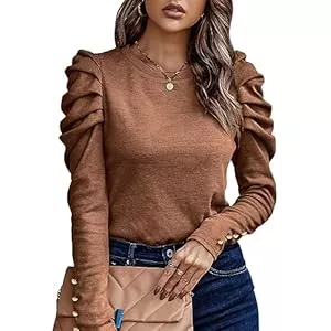 KONFEN Shirts à manches longues KONFEN T-Shirt Manches Longues Femme, Chemise Col Rond Manches Longues Tshirt avec Manche à Bulles, Chic Elegant Tee Shirt Décontracté Tops Coupe Etroite Automne Hiver pour Femmes, Marron/Noir M-XXL