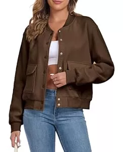 ALSOGO Vestes Veste bomber cropped pour femme - Veste demi-saison à manches longues - Solide - Manteau léger - Blouson court - Veste de pilote décontractée avec poches