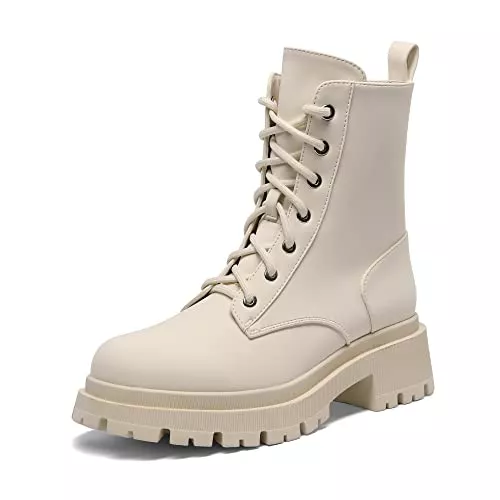 DREAM PAIRS Bottes DREAM PAIRS Bottines Femme Mi-Mollet avec Fermeture Eclair Tendance Comfortable Bottes à Lacets avec Talon Large et Doublure Chaude