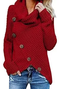 Tuopuda Pulls et tricots Tuopuda Femme Pull à Manches Longues Chandail Elégant Pullover Col Roulé Hauts Tricot Sweater avec Boutonné Croisé Tricot Décontracté Ourlet Asymétrique Automne Hiver