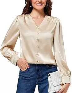 JASAMBAC Blouses à manches longues JASAMBAC Chemisier en satin pour femme - Manches longues - Avec boutons décoratifs - Col en V - Chemisiers festifs - Élégant - Rétro - En soie - Tenue d'affaires - Chemise de travail