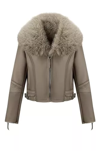Geschallino Manteaux Geschallino Veste en Similicuir Suède pour Femmes Doublée de Sherpa Biker Hiver Chaude Courte Manteau avec col en Fourrure