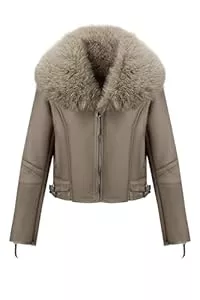 Geschallino Manteaux Geschallino Veste en Similicuir Suède pour Femmes Doublée de Sherpa Biker Hiver Chaude Courte Manteau avec col en Fourrure