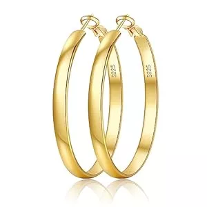 EXGOX Bijoux EXGOX Créoles Argent 925 pour Femme 5mm de large Argent 925 Grand hypoallergénique 14K Boucles d'oreilles Or Créoles pour Femme 30/40/50/60/70mm